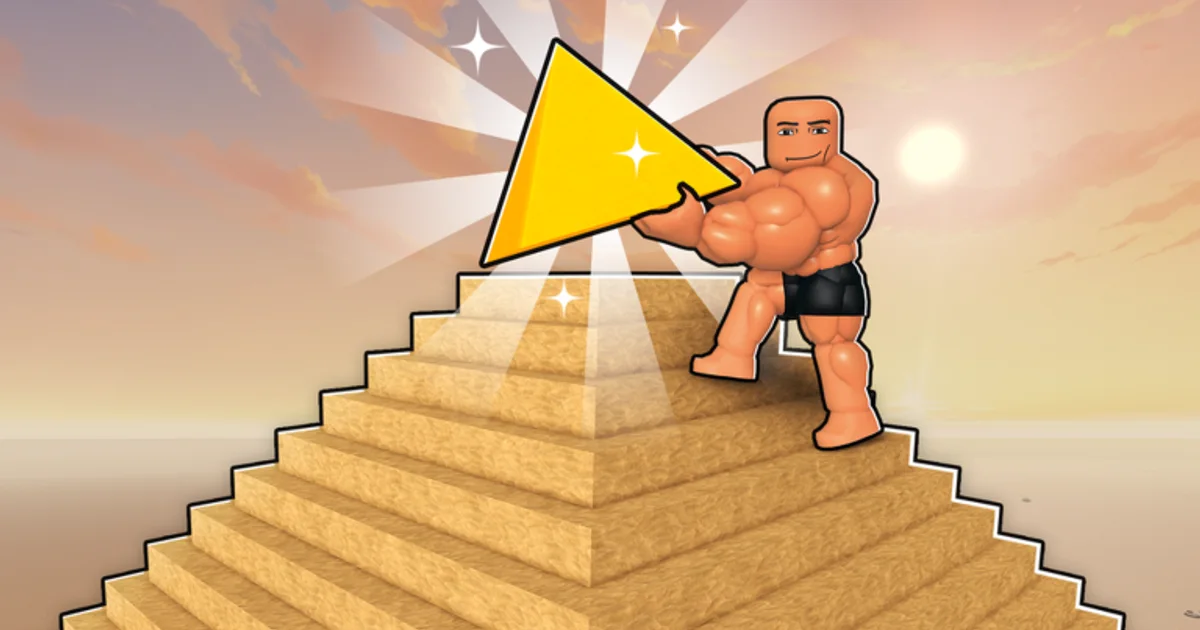 A Roblox character placing the golden capstone on top of the pyramid in Build the Pyramid!